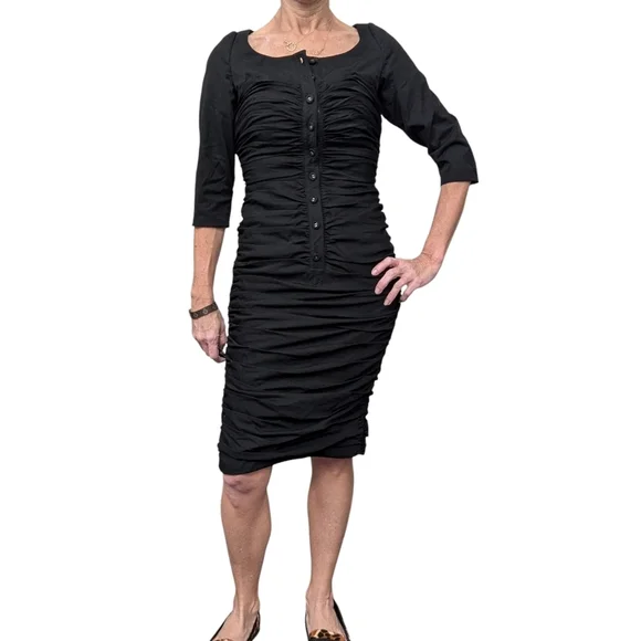 Byron Lars Beauty Mark Black Ruched Bodycon Midi Dress Size 2 Cocktail Party - Picture 2 of 15